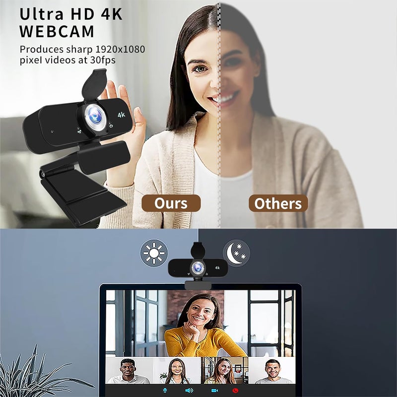 Lusinx 4K Webcam Camera for Computer, External Camera with Microphone, USB Plug&Play, Auto Low Light Correction, Privacy Cover, Tripod, Wide Angle for Meeting/Online Video/Zoom - Image 2